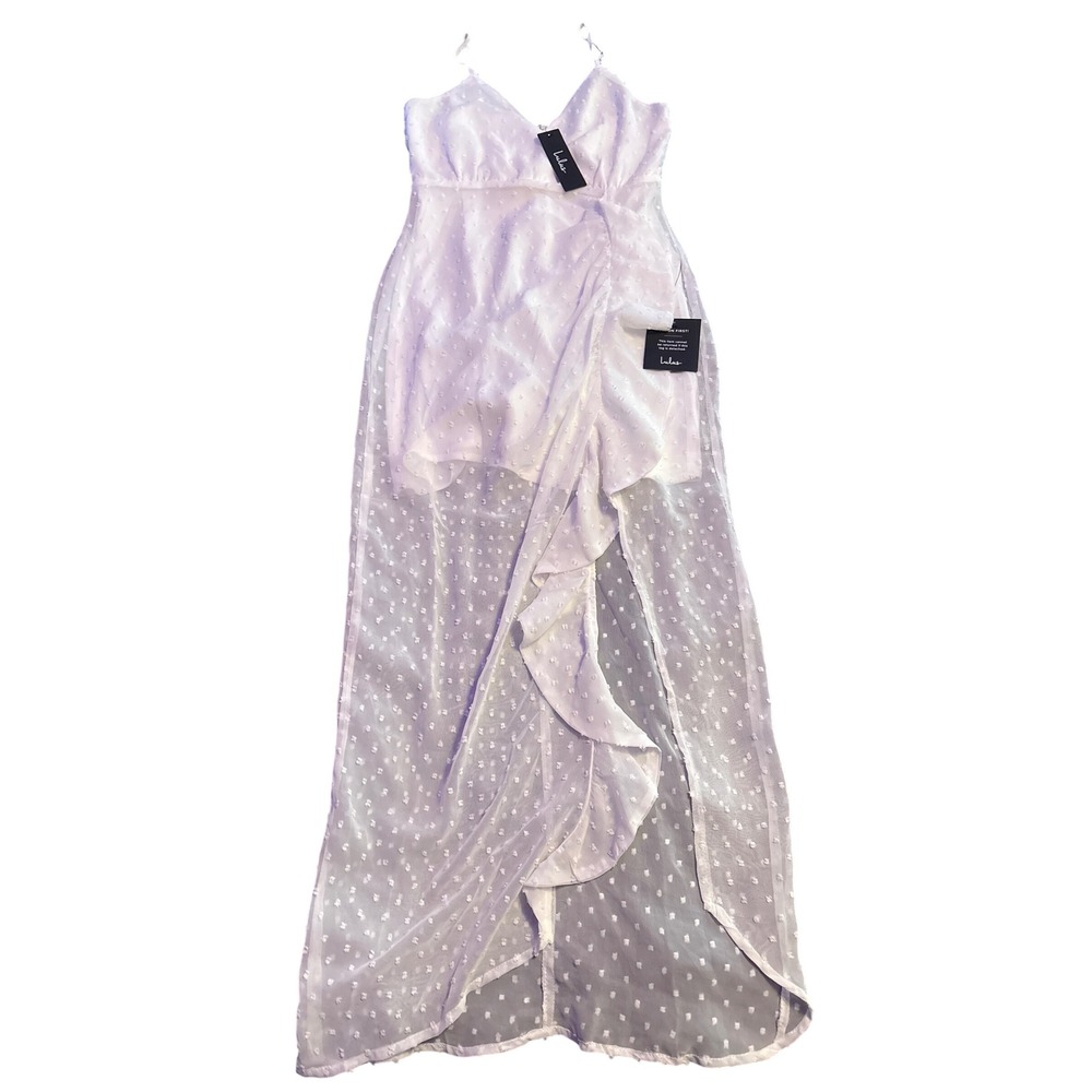 NEW Lulus White Swiss Dot Chiffon High Low Maxi Dress Ruffle Size S